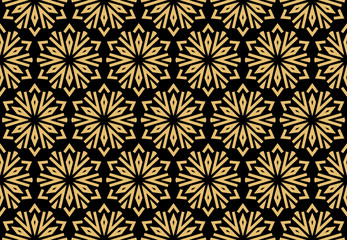 Abstract geometric pattern with lines, snowflakes. A seamless vector background. Gold and black texture. Graphic modern pattern