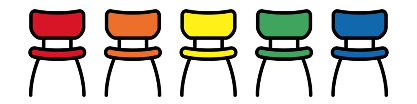 ezn1 Ersteinsch&auml;tzung / Zentrale Notaufnahme: ezn - Wartezimmer. 5 bunte St&uuml;hle im Wartebereich - Sofort, Sehr dringend, Dringend, Normal, Nicht dringend - gz477 GrafikZeichnung - banner 4zu1 g8548