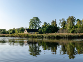 lake view, beautiful reflections, house and trees on the lake shore