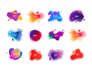 Neon colored liquid figures set. Modern abstract shapes and lines with gradient effect. Trendy minimal templates for presentations, banners, posters and flyers. Vector illustration