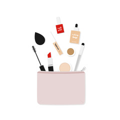 Makeup bag with beauty products. Makeup case with basic makeup. Vector illustration, flat design