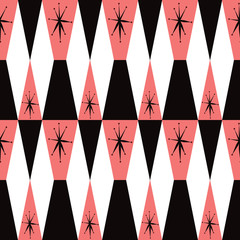 Mid century atomic seamless pattern in bold black, white and coral pink colors. Hand drawn starburst with geometric alternating shapes and colors. Vector design for textiles, fashion, graphic design.