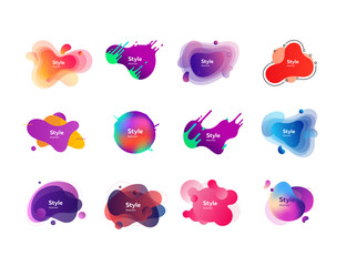 Neon multicolored abstract shapes set. Modern dynamic figures and lines on white background. Trendy minimal templates for presentations, banners, apps and web pages. Vector illustration