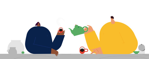 The girl and the boy drink tea at the break. Flat design style minimal vector illustration. Use in web projects and applications.