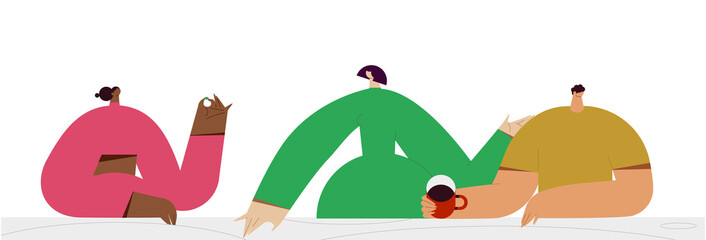 Friends drink coffee at the break. Flat design style minimal vector illustration. Use in web projects and applications.