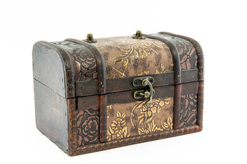 An antique casket stylized as a suitcase. Isolated on a white background.