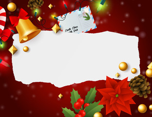 Christmas and New Year greeting card template with bell, letter, mistletoe, lights on blurred blue background. Vector illustration for posters, invitations and postcards design