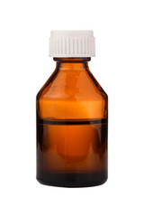 brown or amber glass medical bottle on a white isolated background