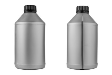 Two gray plastic oil canister on a white isolated background with place for text.
