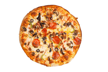 Pizza with pepperoni, minced meat, mushrooms, sweet pepper and olives isolated on a white. Top view.