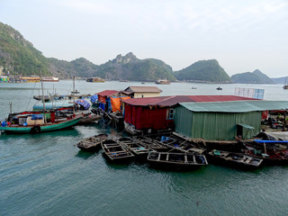Floating fishing village in Vietnam. UNESCO World Heritage Site. Popular landmark.