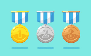 Set of gold, silver, bronze medal with star for first place. Trophy, award for winner isolated on background. Golden badge with ribbon. Achievement, victory concept. Vector cartoon flat design