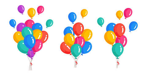 Set of bunch of helium balloon, flying air balls isolated on white background. Happy birthday, holiday concept. Party decoration. Vector cartoon design - obrazy, fototapety, plakaty