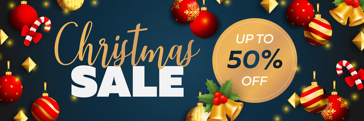 Christmas Sale banner design with balls, candy canes, bells, mistletoe on blue background. Vector illustration for advertising design, flyer and poster templates