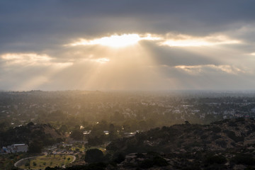 Naklejka na ściany i meble Cloudy sunrise view of Chatsworth Park South and the San Fernando Valley in Los Angeles, California. 