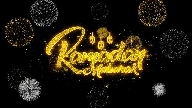 Ramadan Mubarak Text Wish Reveal on Glitter Golden Particles Firework. Greeting card, Wishes, Celebration, Party, Invitation, Gift, Event, Message, Holiday, Festival 4K Loop Animation.