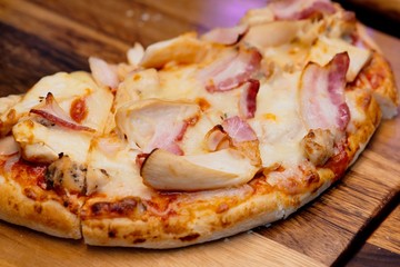 italiana food. Pizza Serve on wooden plate