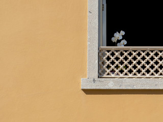 A yellow facade with a white orchid at an open window.