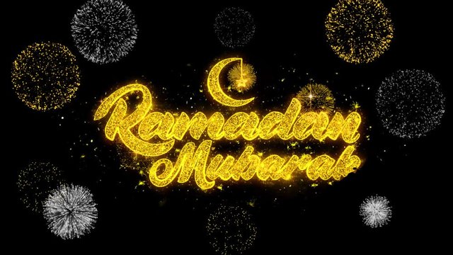 Ramadan Mubarak Text Wish Reveal on Glitter Golden Particles Firework. Greeting card, Wishes, Celebration, Party, Invitation, Gift, Event, Message, Holiday, Festival 4K Loop Animation.