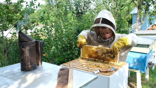 Cheerful boy beekeeper in protective suit near beehive. Honeycomb with honey. Organic food concept. The most useful organic honey.