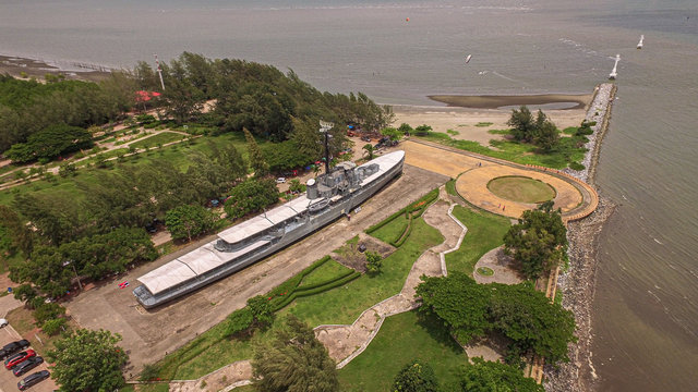 aerial view Remembrance Lhuangprasae Battleship discharge stop on land in Rayong Thailand