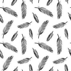 Black and white seamless pattern with ink hand drawn feathers