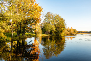 A colourful autumn scene at the water with refelctions of trees
