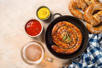 Sausage, sauerkraut, bretzels and beer.