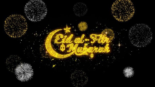 Eid al-Fitr mubarak Text Wish Reveal on Glitter Golden Particles Firework. Greeting card, Wishes, Celebration, Party, Invitation, Gift, Event, Message, Holiday, Festival 4K Loop Animation.