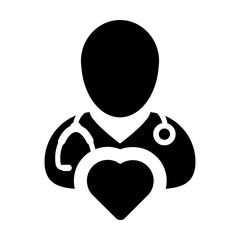 Physician icon vector male person profile avatar with stethoscope and heart symbol for cardiologist medical consultation in Glyph pictogram illustration
