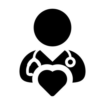 Treatment icon vector male doctor person profile avatar with stethoscope and heart symbol for cardiologist consultation in Glyph pictogram illustration