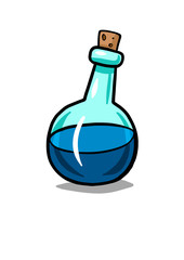 Bottle with potion. Game icon of magic elixir. Blue potion flat icon. Mana or magic elixir. Vector illustration isolated on white background.