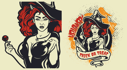 Obraz premium Vector Halloween illustration with witch.