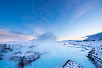 Beautiful landscape and sunset Blue lagoon hot spring spa in Iceland 