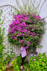 The girl is hiding in a beautiful tree with purple flowers.