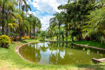 Fototapeta na wymiar Lake in a public outdoor park surrounded by green trees and exercise toys in Jundiai, Sao Paulo, Brazil