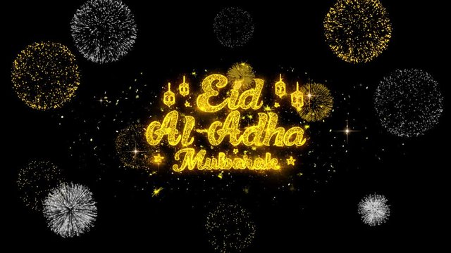 Eid al-Adha mubarak Text Wish Reveal on Glitter Golden Particles Firework. Greeting card, Wishes, Celebration, Party, Invitation, Gift, Event, Message, Holiday, Festival 4K Loop Animation.