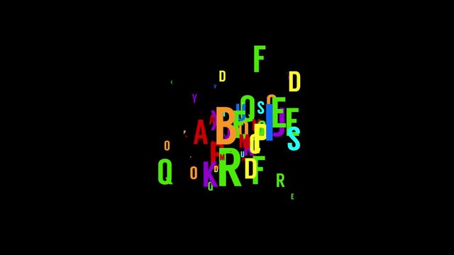 Chaotic movement of the multicolored letters - abstract looped background. . Option with black background and alpha channel.