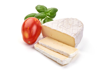 Fresh Camembert cheese. Sliced Brie cheese, isolated on white background