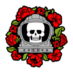Skull in Astronaut helmet And flowers. Death in spacesuit And roses. Skeleton head in spaceman helmet. Cosmic tattoo vector illustration