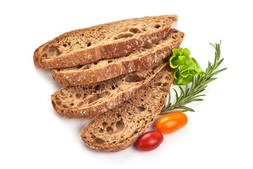 Sliced French rye bread, ciabatta, isolated on white background