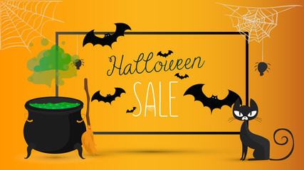 Halloween sale banner. Halloween Attributes. Black cat, seething cauldron with potion. Orange gradient background. Vector illustration.
