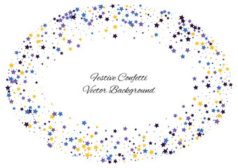 Festive color star confetti background. Abstract frame confetti texture for holiday, postcard, poster, website, carnivals, birthday and children's parties. Cover confetti mock-up. Wedding star layout