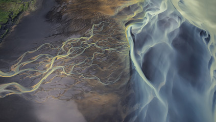 Aerial view of Glacier rivers in Iceland