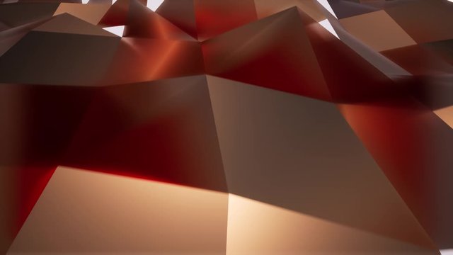 Crystal shiny surface 3d realistic footage. Glowing triangle and square brown color panels texture movement animation. Abstract geometric crystallic shapes with light reflection motion video
