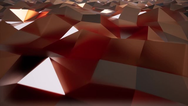 Crystal shiny triangular surface 3d realistic footage. Glowing triangle brown color panels texture top view movement animation. Abstract geometric metallic shapes, blocks motion video