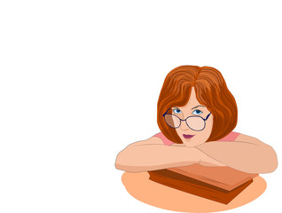 beautiful woman sitting with notebooks in glasses at the table