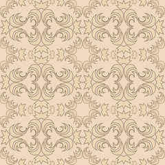 Seamless vector texture of floral and abstract round shaped cream color elements on a peach backdrop. Design for tiles and packaging, curtains.