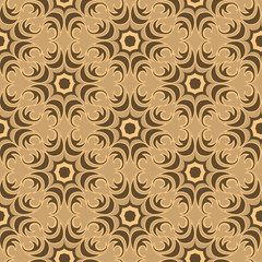 Seamless vector texture of floral and abstract round shape swamp color elements on brown backdrop. Design for tiles and packaging, curtains