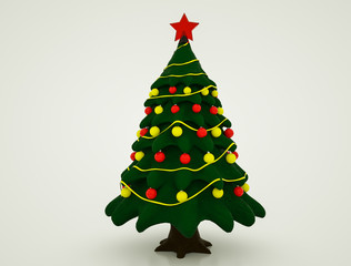 Stylized three-dimensional model of a Christmas tree with decorations. 3d rendering illustration